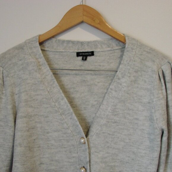 Gray V-neck Cardigan Sweater Decorative Button Up Front Soft Office Size Small - Picture 2 of 11